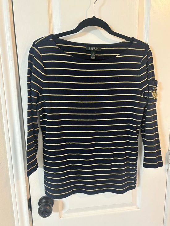 Ralph Lauren Tops - Lauren Ralph Lauren Top LBlue Gold Metallic Striped Boatneck 3/4 Sleeve W/ Logo